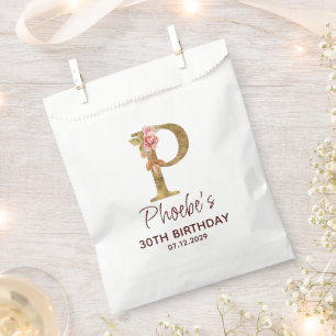 Letter P Gold Monogram Blush Pink Roses Favour Bag