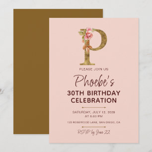 Letter P Gold Monogram Blush Pink Roses Invitation