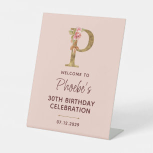 Letter P Gold Monogram Blush Pink Roses Sign