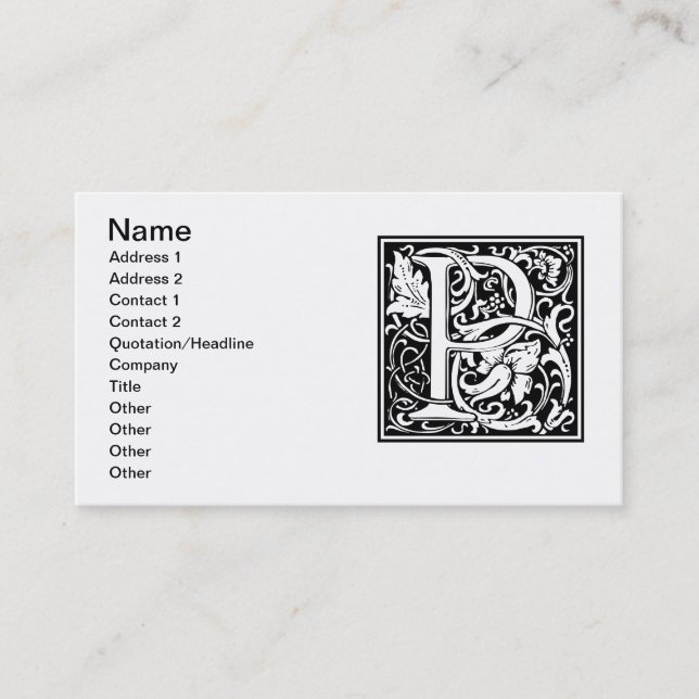 Letter P Mediaeval Monogram Art Nouveau Business Card (Front)