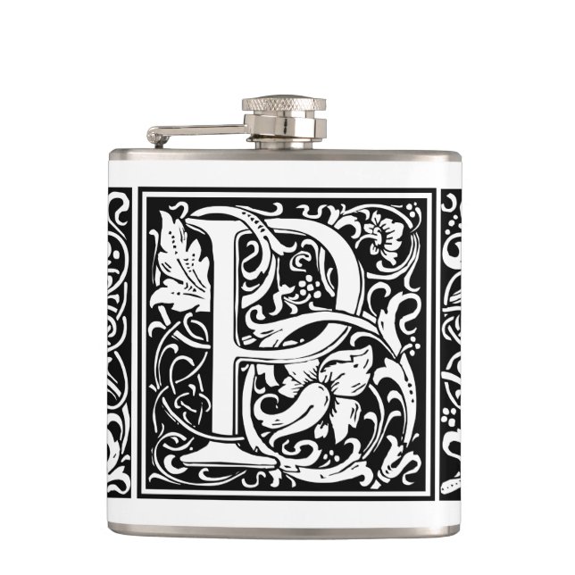 Letter P Mediaeval Monogram Art Nouveau Hip Flask (Front)