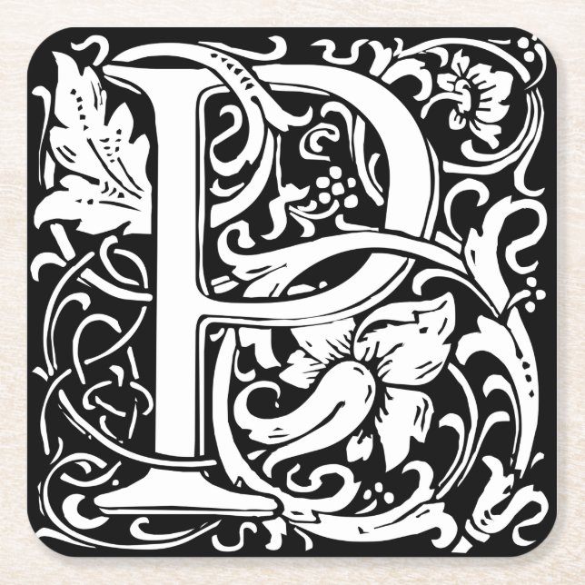 Letter P Mediaeval Monogram Art Nouveau Square Paper Coaster (Front)
