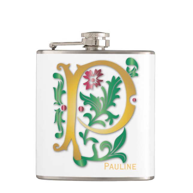 Letter P Monogram Fleur de lis Hip Flask (Front)