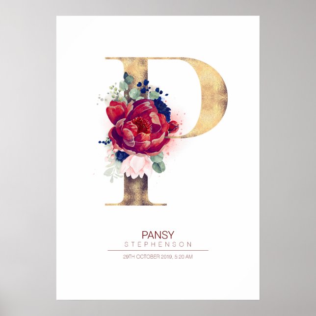 Letter P Monogram Floral Navy Blue and Burgundy Poster (Front)