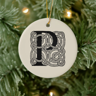 Letter P Monogram Vintage Celtic Knot Print Ceramic Ornament