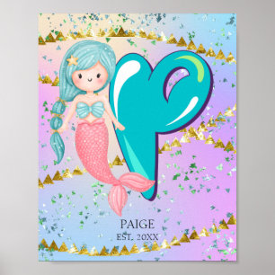 Letter P Monogram Watercolor Cute Mermaid Nursery Poster