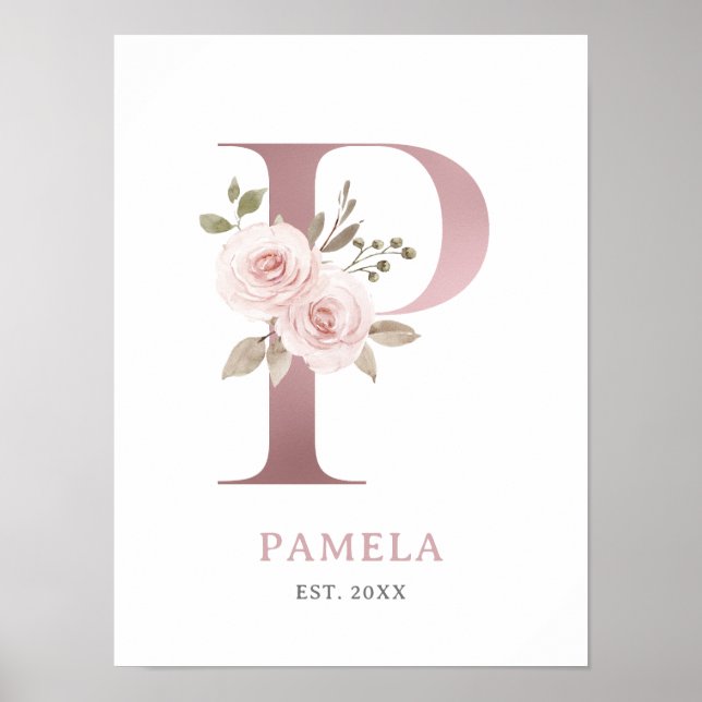Letter P Monogram Watercolor Rose Florals Nursery  Poster (Front)