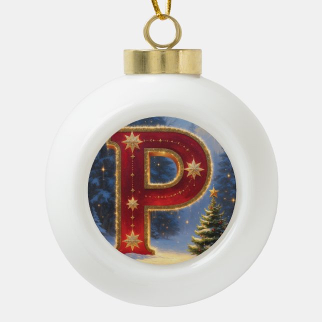 Letter P Pine Tree Personalized Monogram Holiday G Ceramic Ball Christmas Ornament (Front)