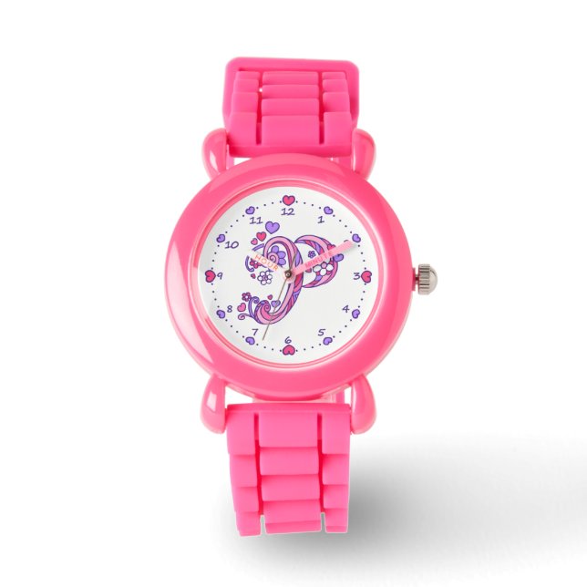 Letter P pink monogram personalised girls watch (Front)
