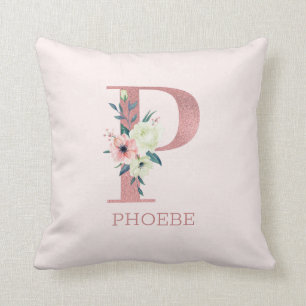 Letter P Pink Watercolor Floral Monogram Nursery Cushion