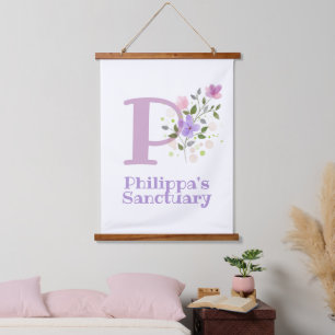 Letter P plus First Name with a Floral Design Hanging Tapestry