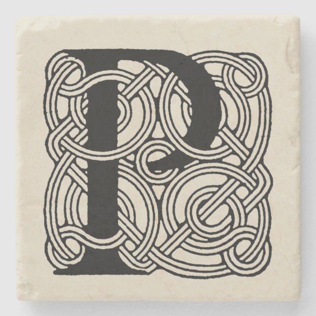 Letter P Vintage Celtic Knot Monogram Stone Coaster (Front)