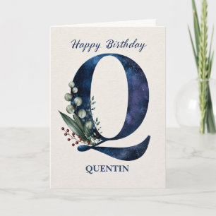 Letter Q Birthday for Him Personalised Name Blue Card