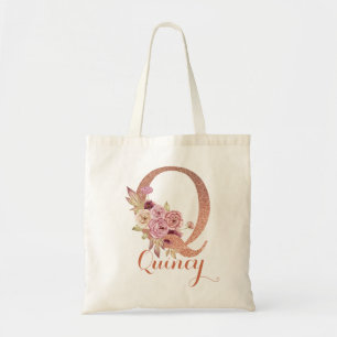 Letter Q Blush pink Glitter Floral Monogram  Tote Bag
