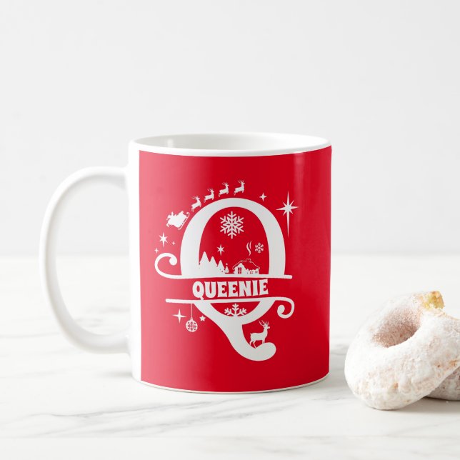 Letter Q Christmas Monogram Initial Name Red Coffee Mug (With Donut)