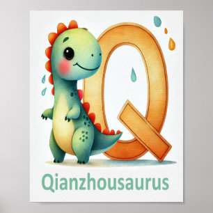 Letter Q, Dinosaur Alphabet Watercolor Poster