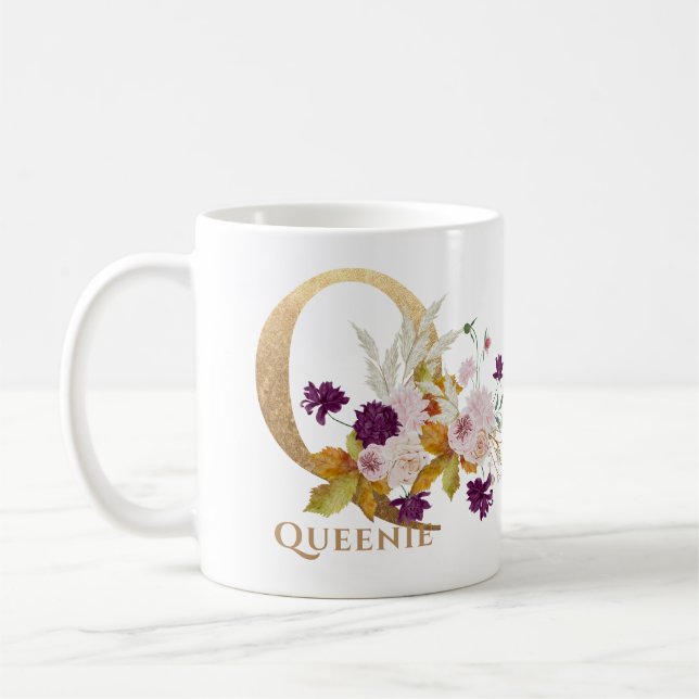 Letter Q - Gold Floral Name sister coworker friend Coffee Mug (Left)