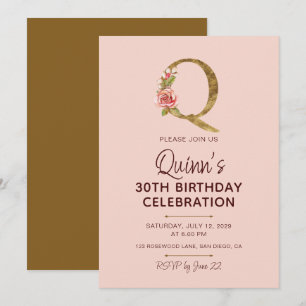 Letter Q Gold Monogram Blush Pink Roses Invitation