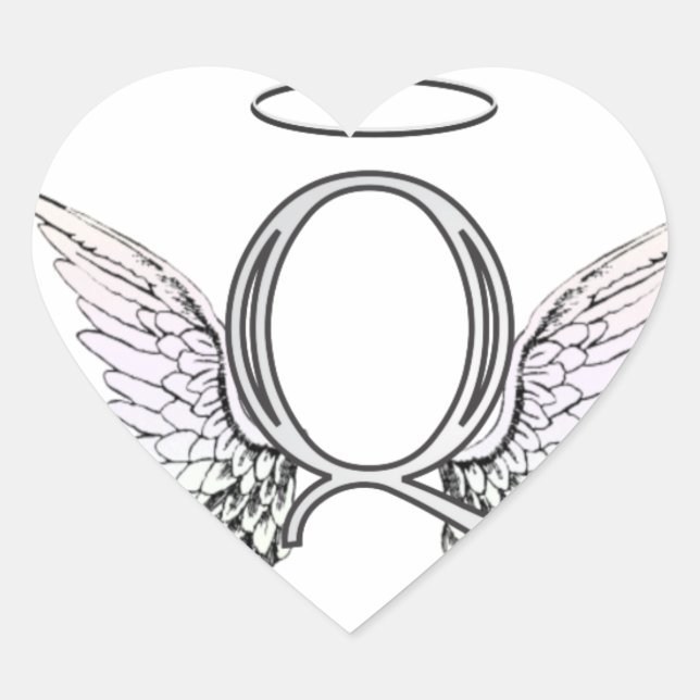 Letter Q Initial Monogram with Angel Wings & Halo Heart Sticker (Front)
