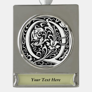 Letter Q Mediaeval Monogram Art Nouveau Silver Plated Banner Ornament