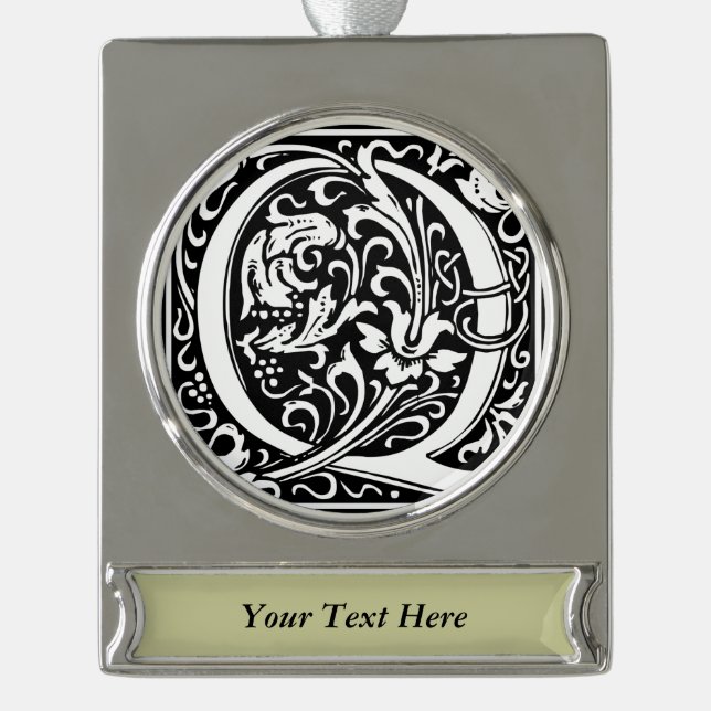 Letter Q Mediaeval Monogram Art Nouveau Silver Plated Banner Ornament (Front)