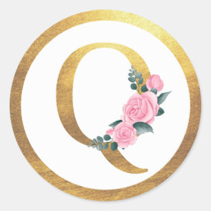 Letter Q Monogram Pink Roses Floral & Elegant Gold Classic Round Sticker