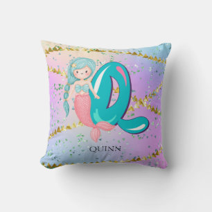 Letter Q Monogram Watercolor Cute Mermaid Nursery Cushion