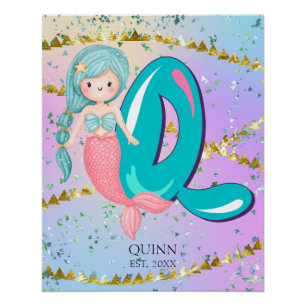 Letter Q Monogram Watercolor Cute Mermaid Nursery Poster