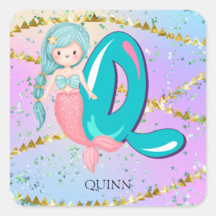 Letter Q Monogram Watercolor Cute Mermaid Nursery Square Sticker
