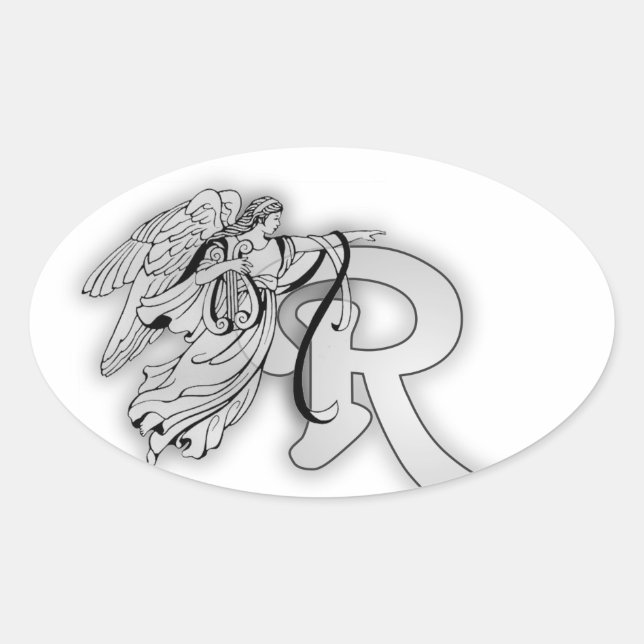 Letter R Angel Monogram Initial Oval Sticker (Front)