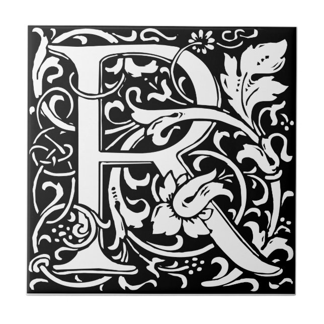 Letter R art nouveau black and white Tile (Front)
