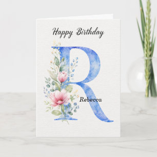 Letter R Birthday Custom Name Her Blue Monogram Card