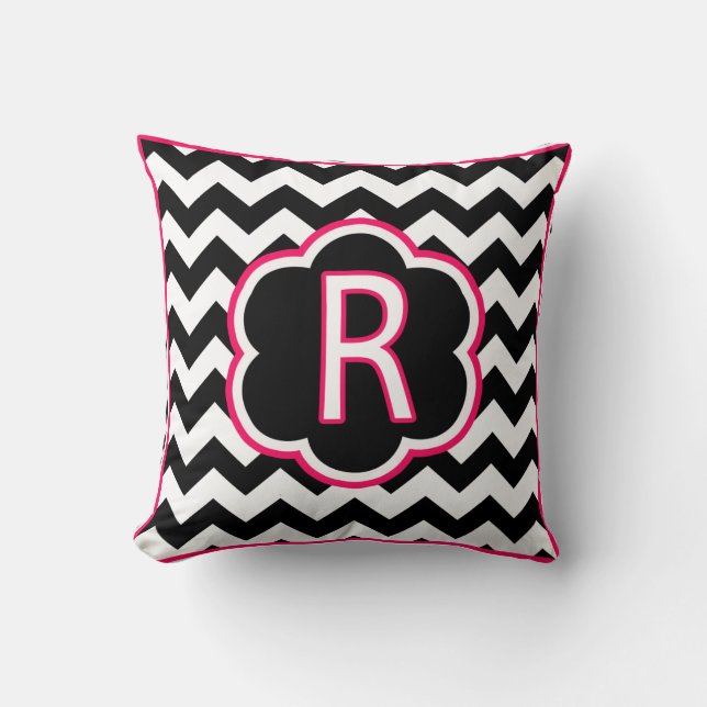 Letter R Black and White Chevron Monogram Cushion (Front)