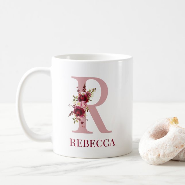 Letter R Burgundy Blush Floral Coffee Mug (With Donut)