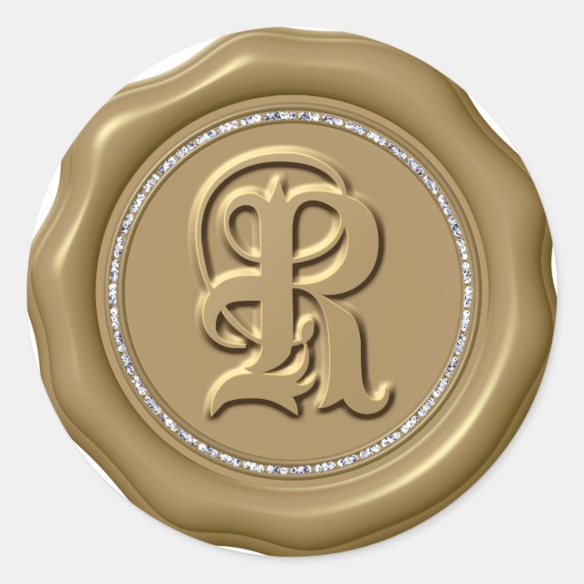 *~* Letter R Diamond Circle GOLD Wax Seal Stickers (Front)