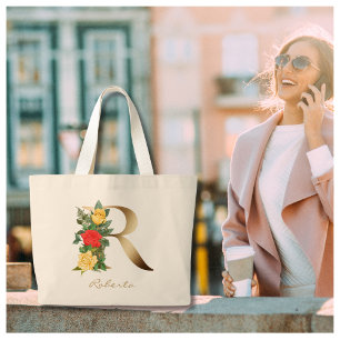 Letter R Elegant Floral Gold Monogram  Large Tote Bag