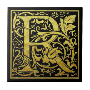 Letter R First Letter Faux Gold Black Ceramic Tile