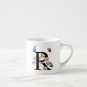 Letter R Floral Butterfly Monogram Initial   Espresso Cup