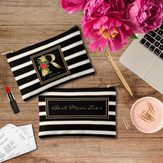 Letter R Floral Monogram Black White Gold Stripes Accessory Pouch (Creator Uploaded)