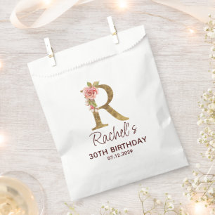 Letter R Gold Monogram Blush Pink Roses Favour Bag
