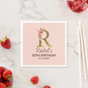 Letter R Gold Monogram Blush Pink Roses Napkin
