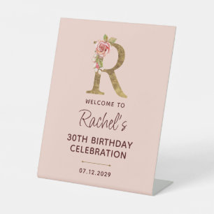 Letter R Gold Monogram Blush Pink Roses Sign