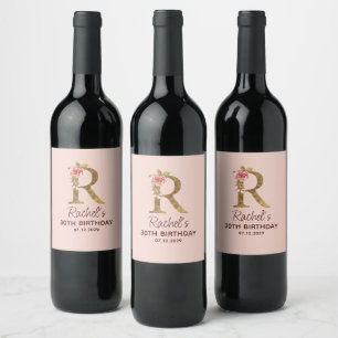 Letter R Gold Monogram Blush Pink Roses Wine Label