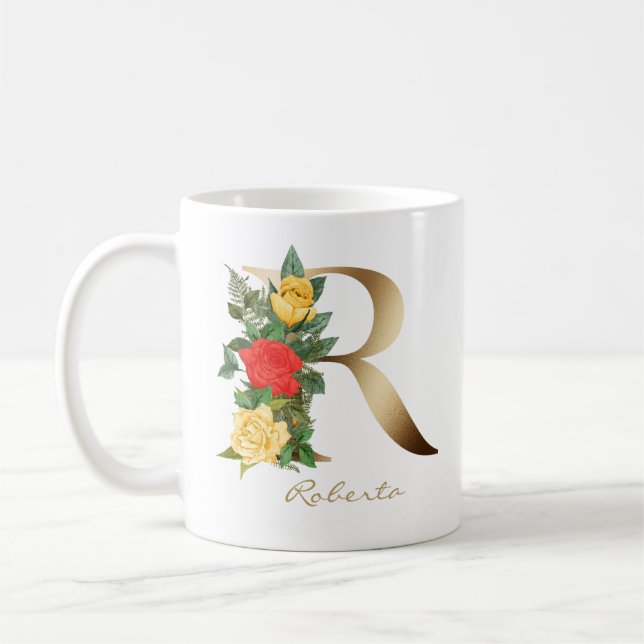 Letter R Gold Monogram Yellow Red Roses Floral Coffee Mug (Left)