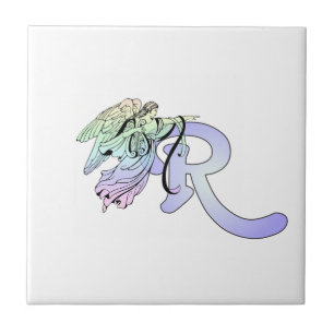 Letter R Initial Monogram Guardian Angel Blue Past Ceramic Tile