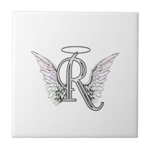 Letter R Initial Monogram with Angel Wings & Halo Ceramic Tile