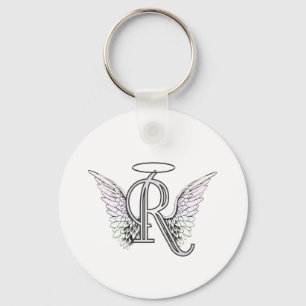Letter R Initial Monogram with Angel Wings & Halo Key Ring