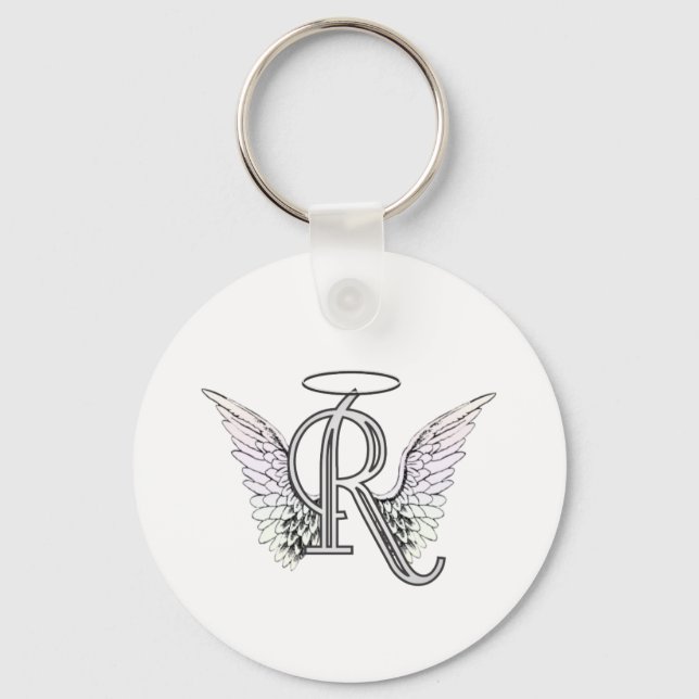 Letter R Initial Monogram with Angel Wings & Halo Key Ring (Front)