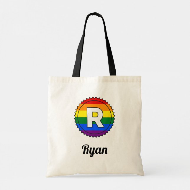 Letter R Initial & Name Gay Pride Rainbow Monogram Tote Bag (Back)