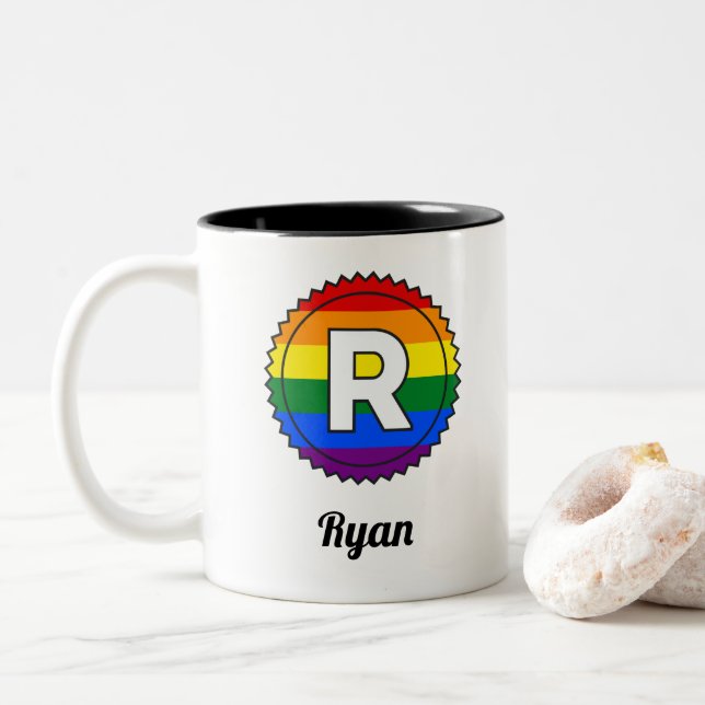 Letter R Initial & Name Gay Pride Rainbow Monogram Two-Tone Coffee Mug (With Donut)